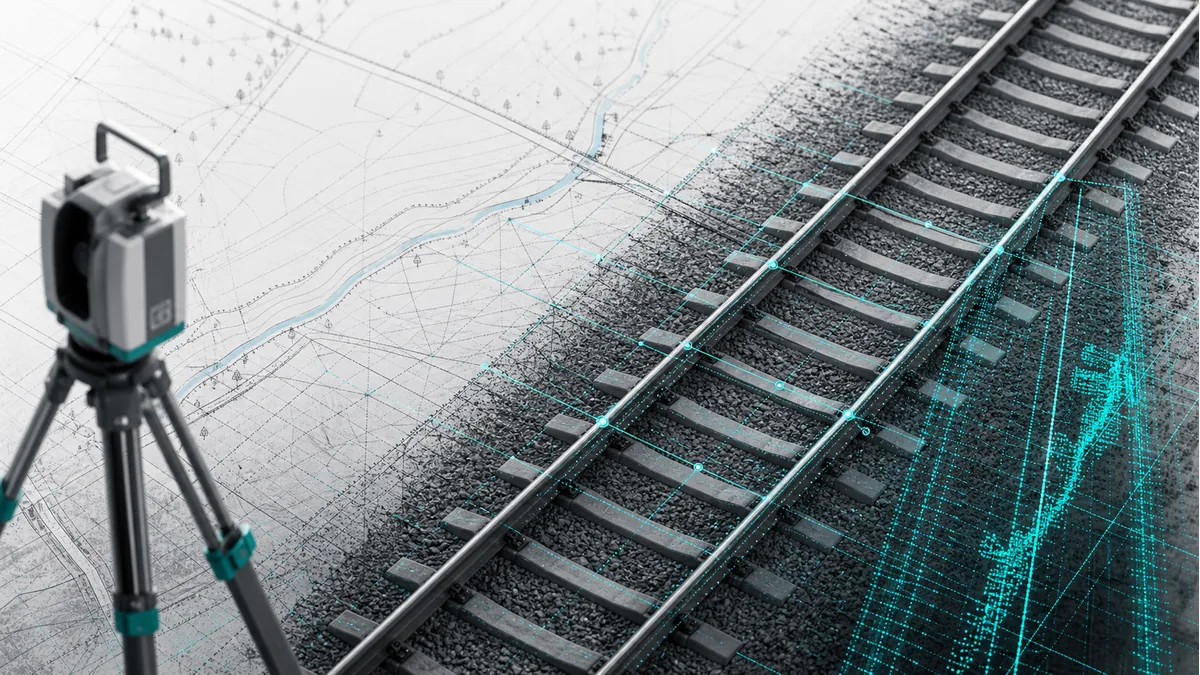 Linia kolejowa na technicznej mapie z siatką pomiarową i elementami geodezyjnymi