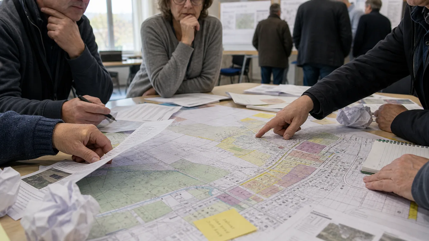 Mieszkańcy omawiają mapę planu ogólnego podczas konsultacji społecznych