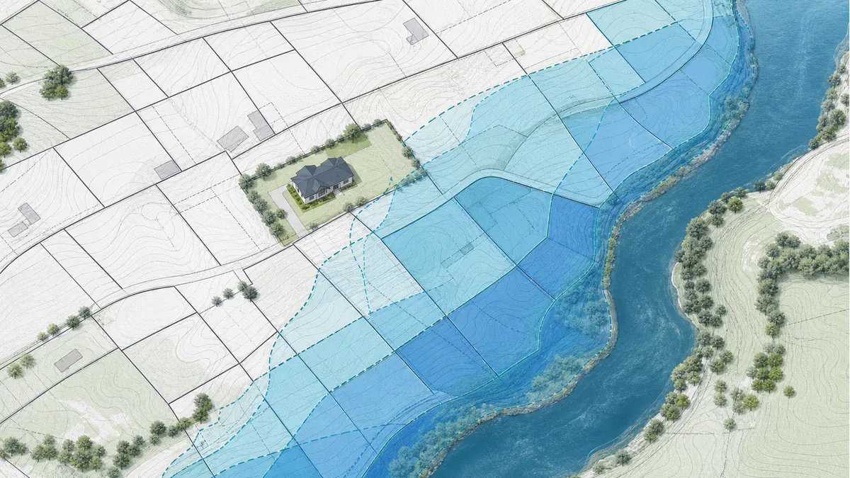 Mapa działek przy rzece z niebieskimi strefami zagrożenia powodziowego i obrysem zabudowy