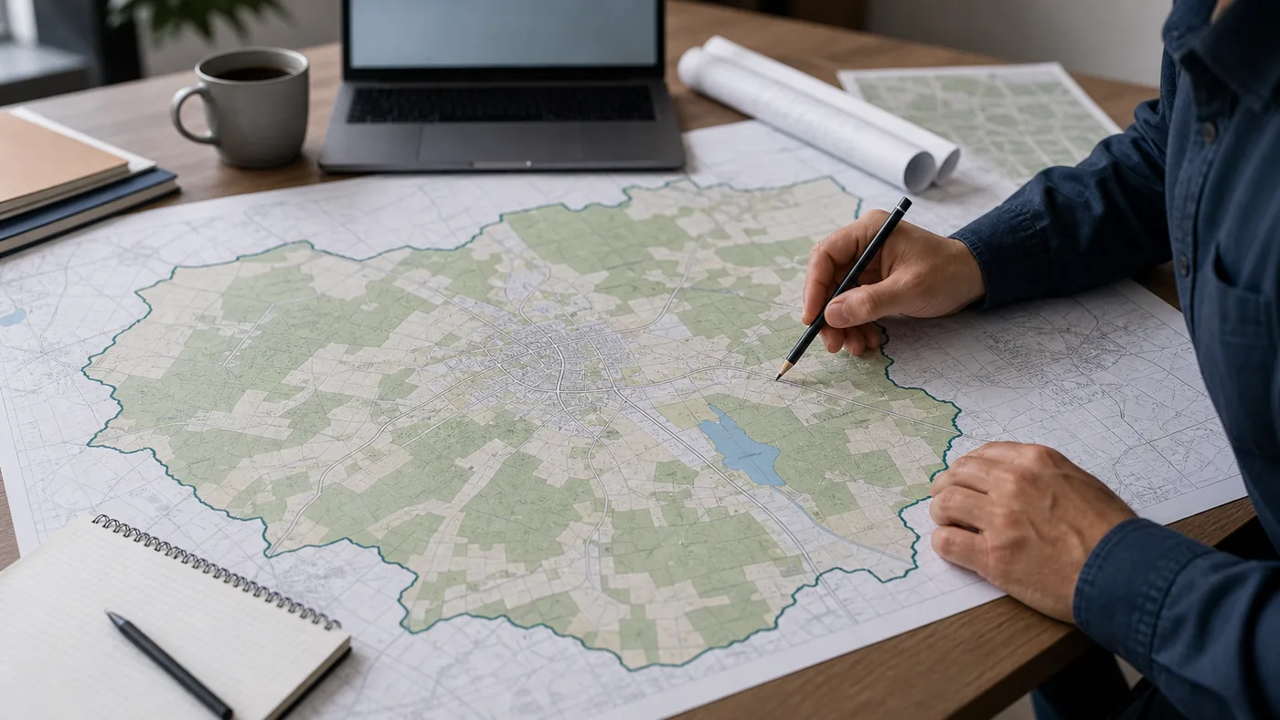 Urbanista zaznacza granice gminy na dużej mapie z miejscowościami i terenami rolnymi