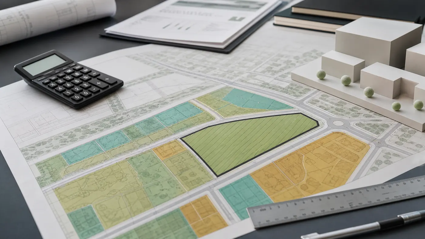 Mapa z oznaczoną działką inwestycyjną, modelem zabudowy i dokumentami analizy terenu