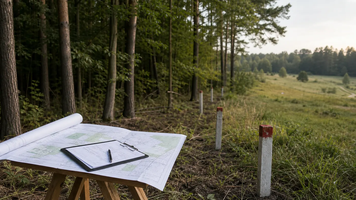 Granica lasu z mapą działki, palikami geodezyjnymi i dokumentacją terenową