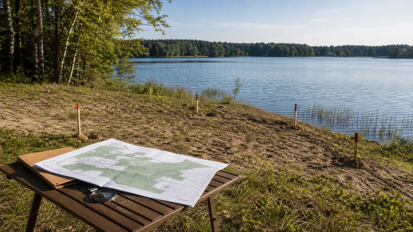 Działka przy brzegu jeziora z mapą, palikami granicznymi i spokojnym krajobrazem