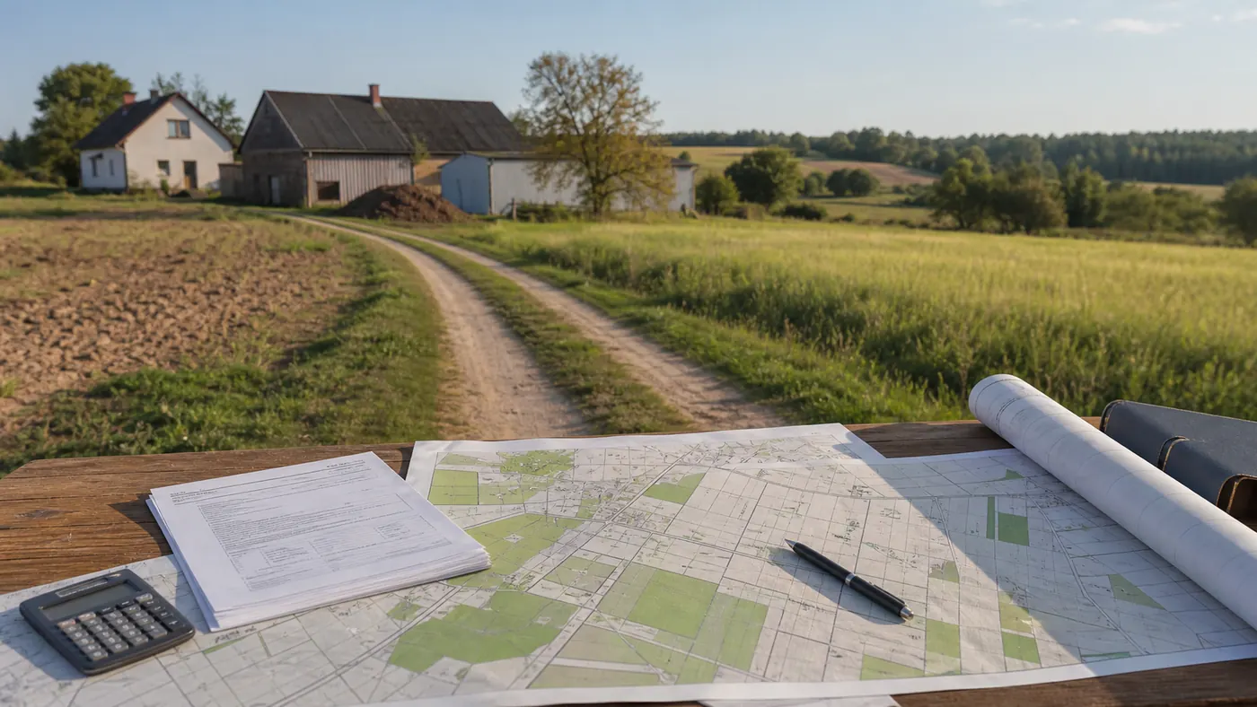 Wiejski grunt siedliskowy z polami, zabudowaniami gospodarczymi, mapą i dokumentami