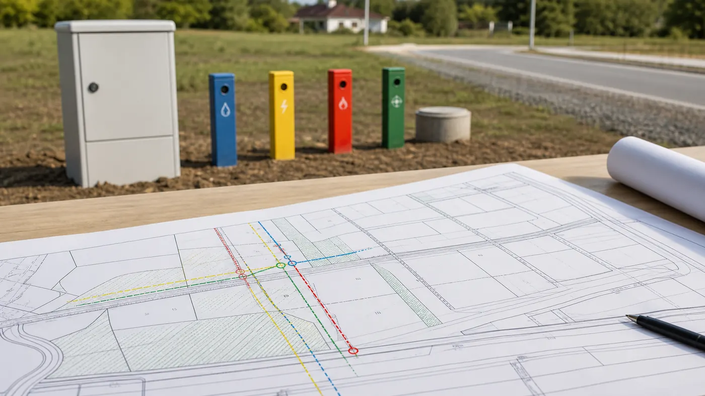 Mapa działki z liniami mediów, skrzynkami technicznymi i drogą przy granicy nieruchomości