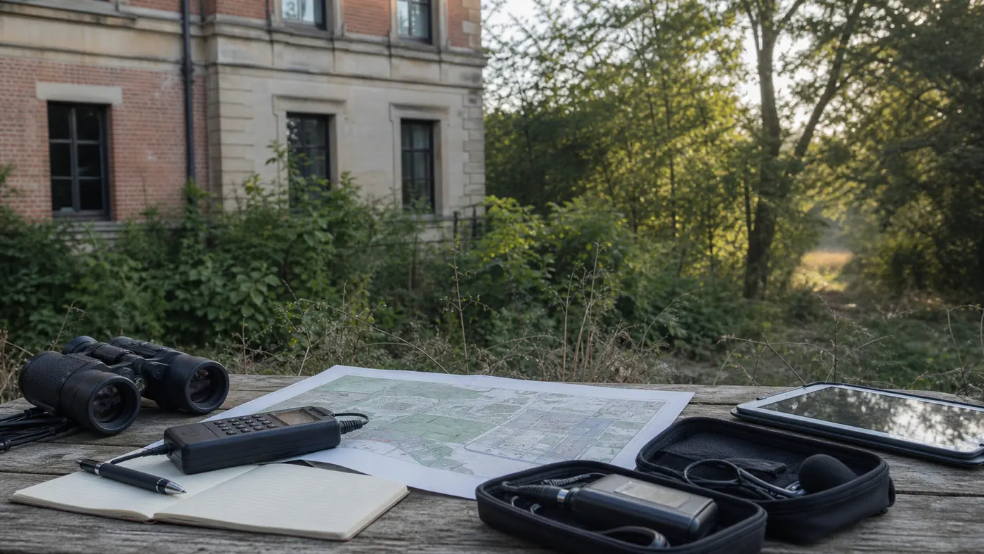 Sprzęt do obserwacji ptaków i nietoperzy, mapa działki i stary budynek w otoczeniu zieleni