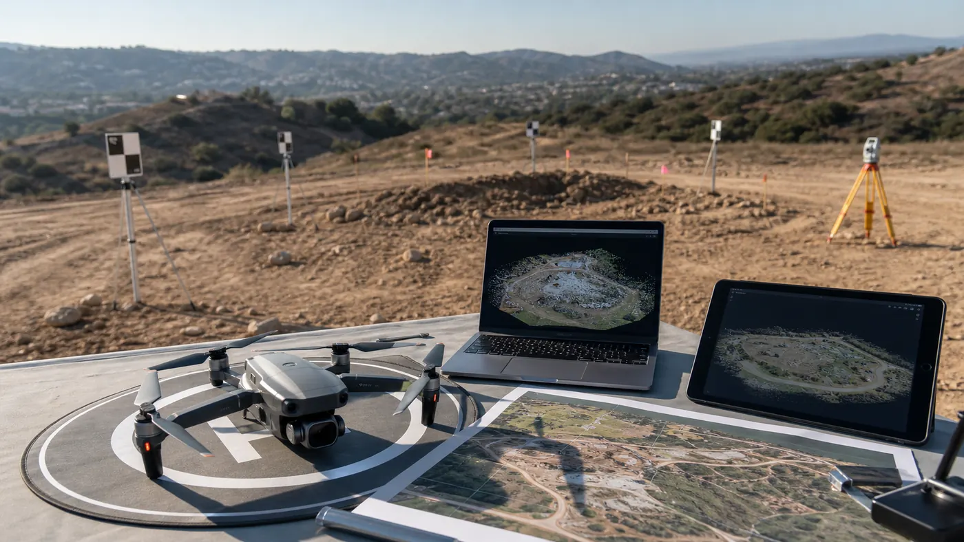 Dron, laptop z modelem terenu, mapa ortofotograficzna i stanowisko geodezyjne