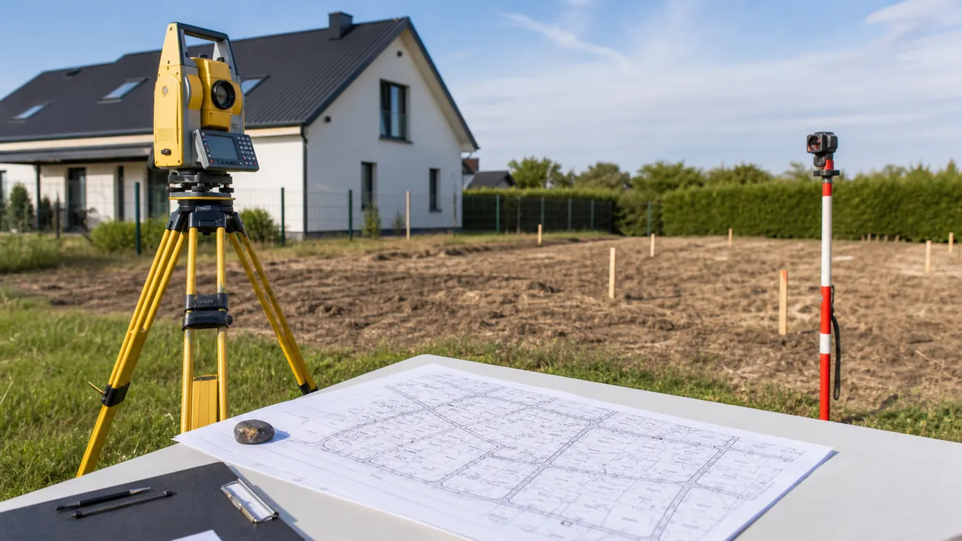 Instrument geodezyjny przy działce budowlanej, mapa ewidencyjna i paliki pomiarowe