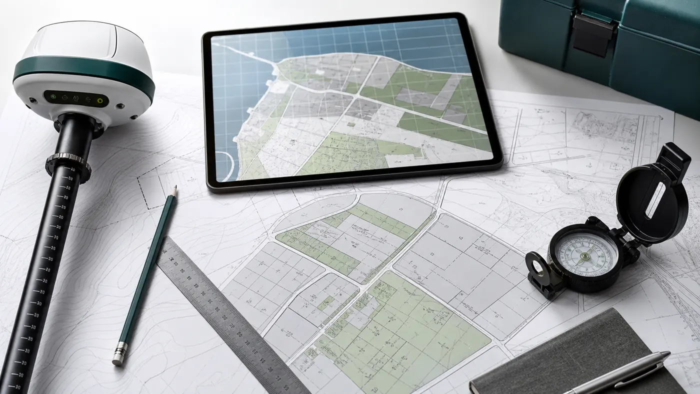 Mapa działek, instrument geodezyjny i tablet z danymi przestrzennymi