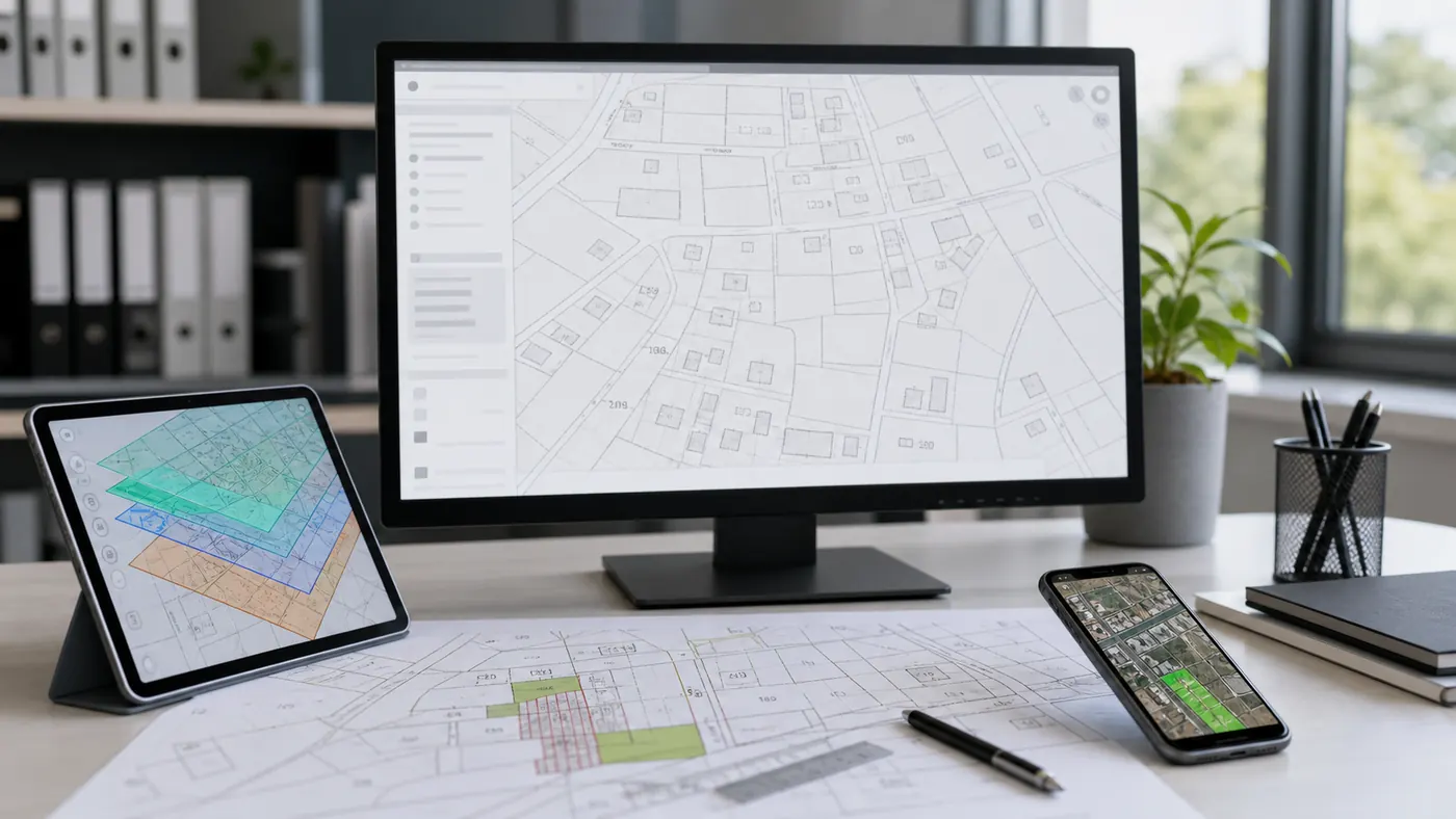 Nowoczesne stanowisko z mapami działek na monitorze, tablecie i telefonie