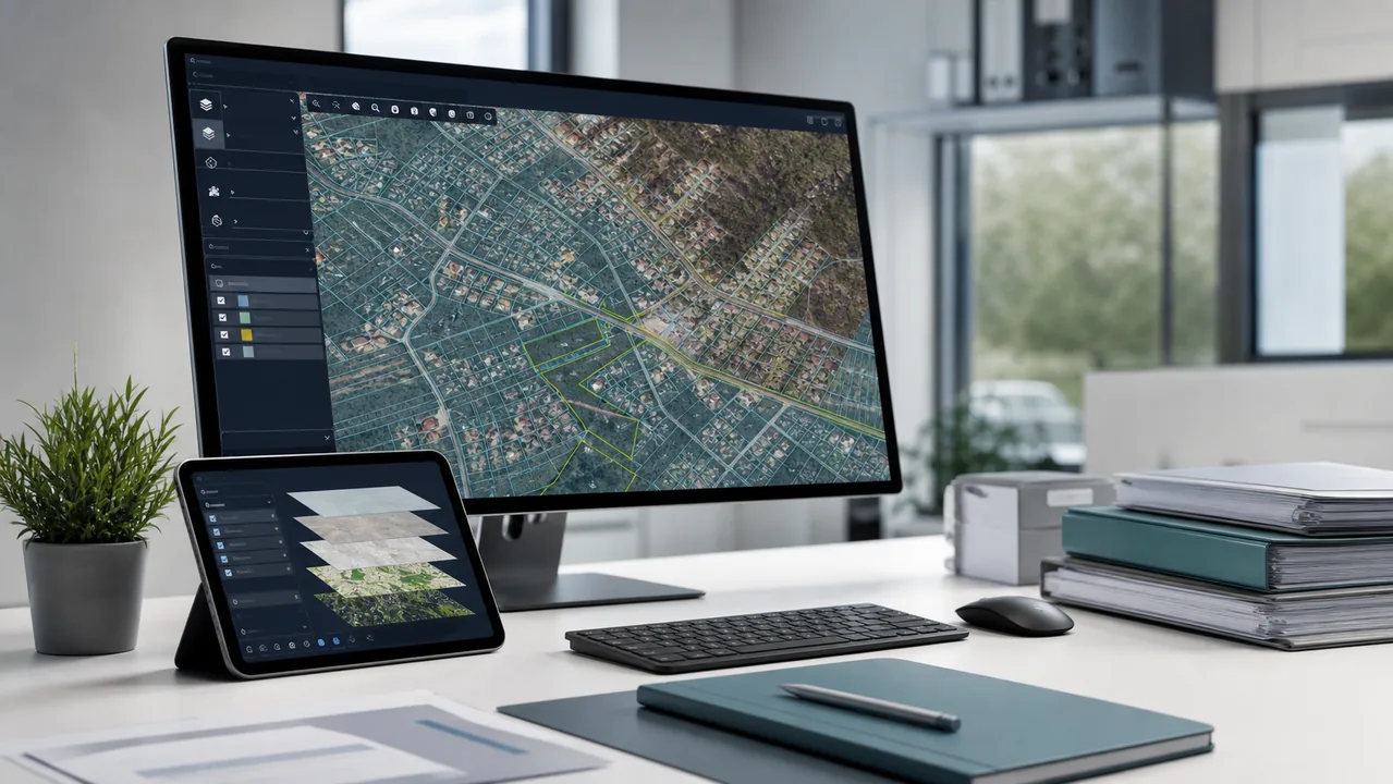 Monitor z mapą działek, warstwami przestrzennymi i dokumentami dotyczącymi nieruchomości