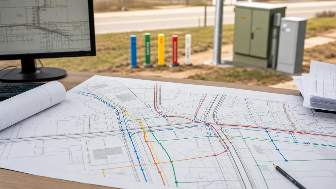 Mapa działki z oznaczeniami sieci uzbrojenia terenu i dokumentacją techniczną