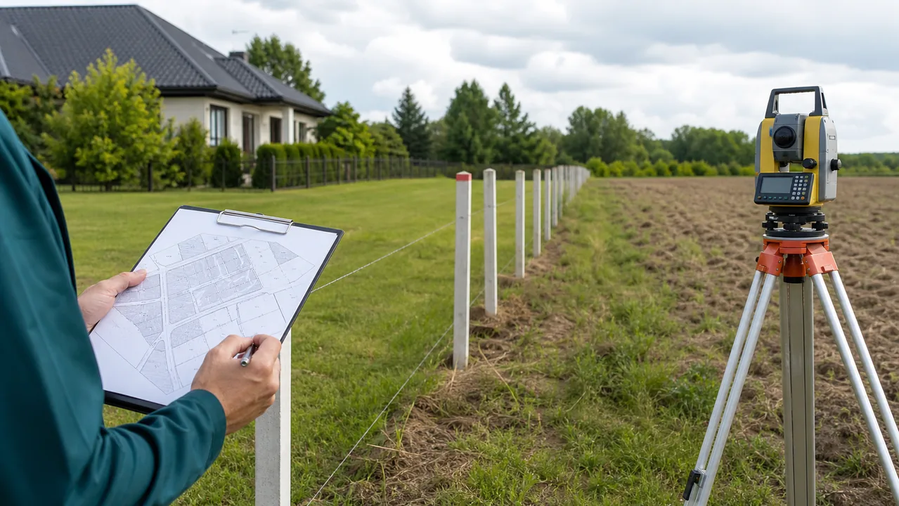 Geodeta przy ogrodzeniu i palikach granicznych podczas sprawdzania przebiegu granic działki