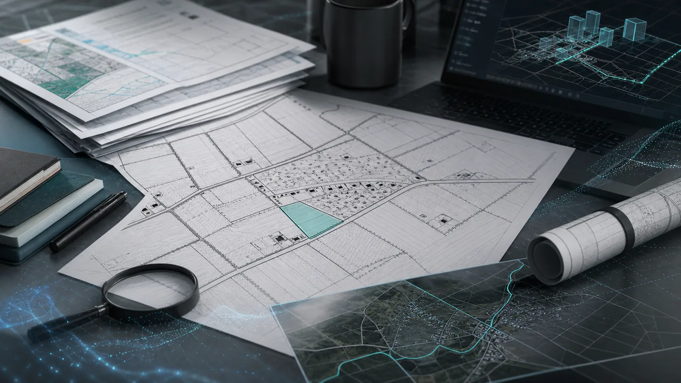Mapa działki z zaznaczoną infrastrukturą wodną, ogrodową i warstwami danych przestrzennych