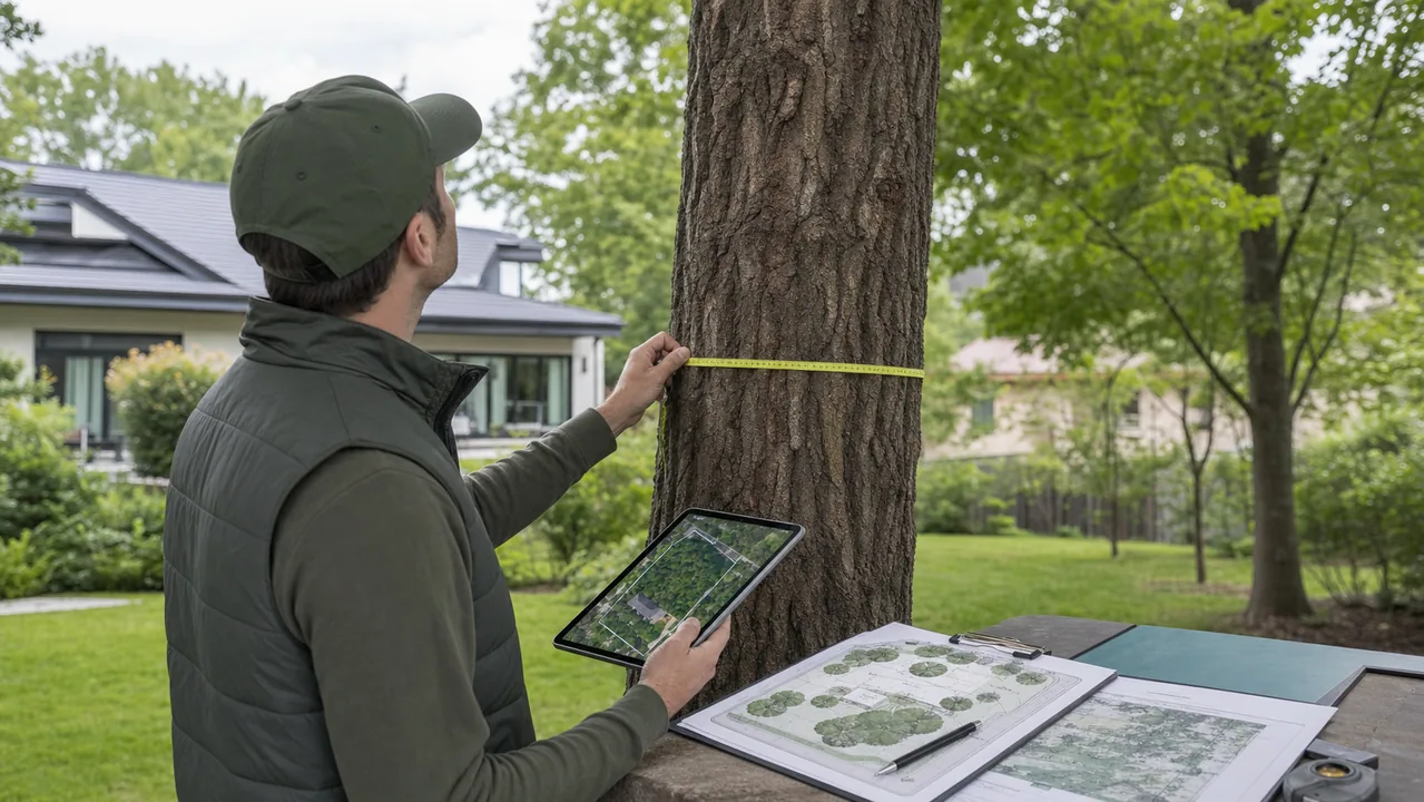 Specjalista mierzący drzewo na działce i sprawdzający mapę zieleni na tablecie