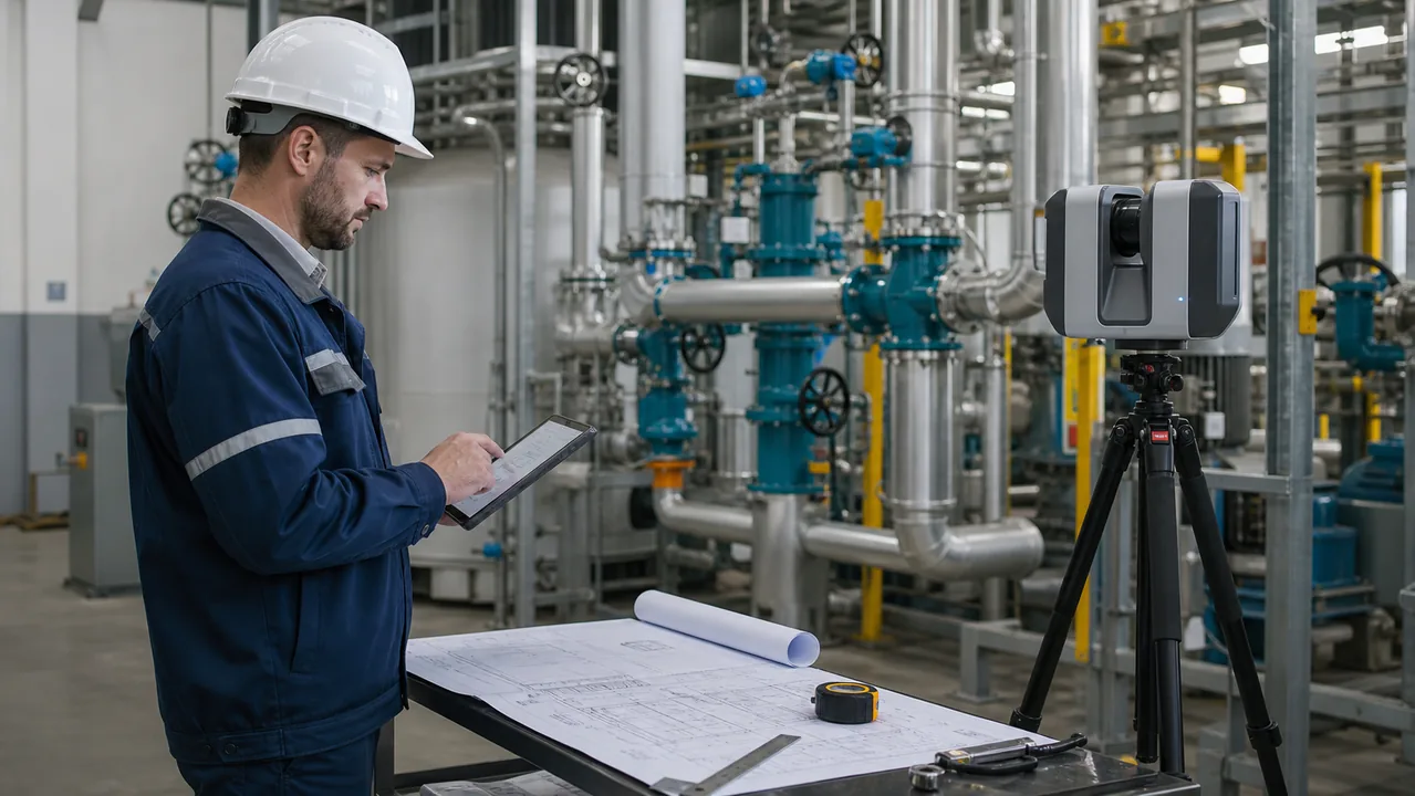 Skaner laserowy i dokumentacja techniczna przy instalacjach przemysłowych w hali zakładu