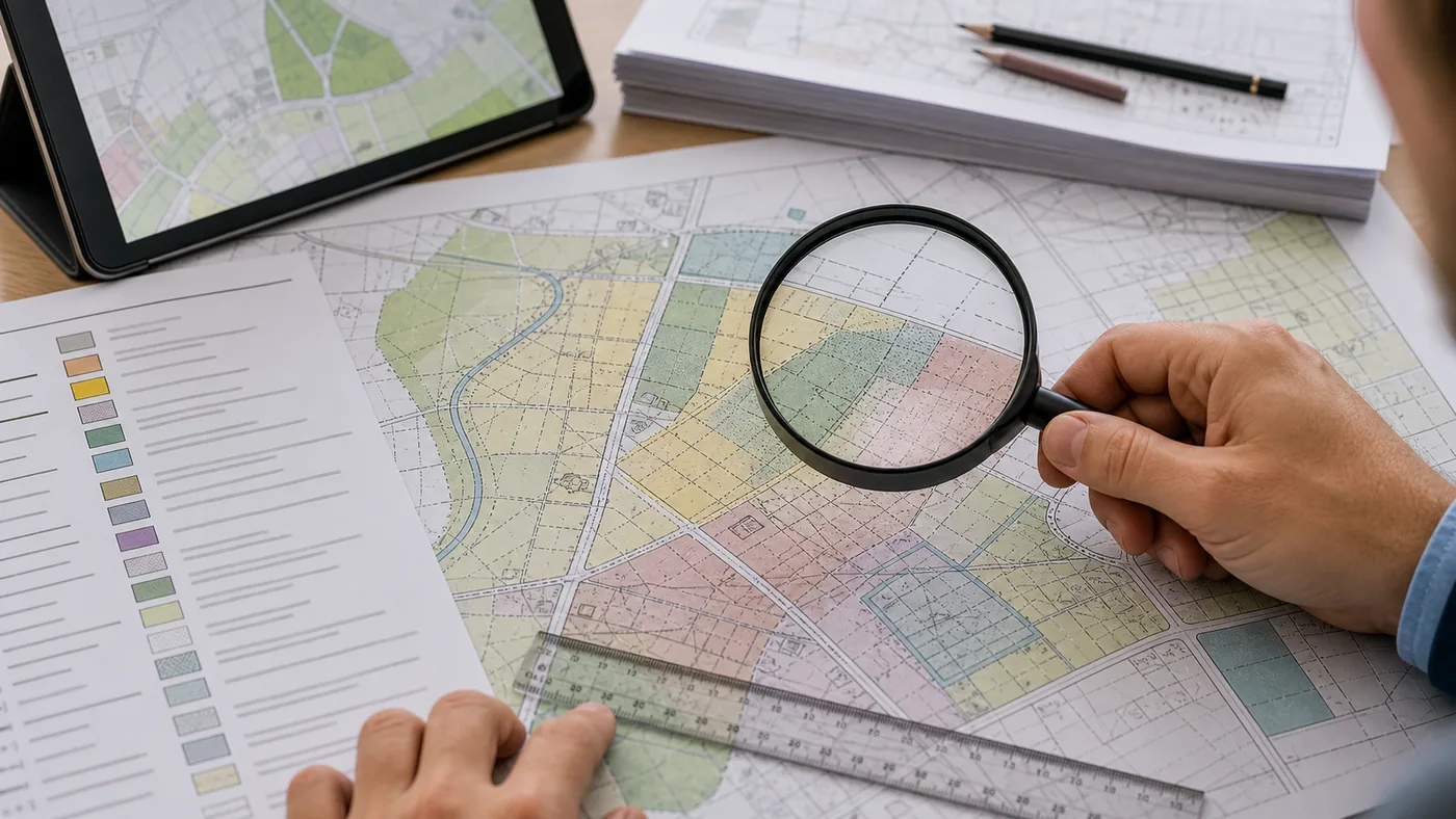 Ręka trzyma lupę nad kolorową mapą planu ogólnego z oznaczeniami stref