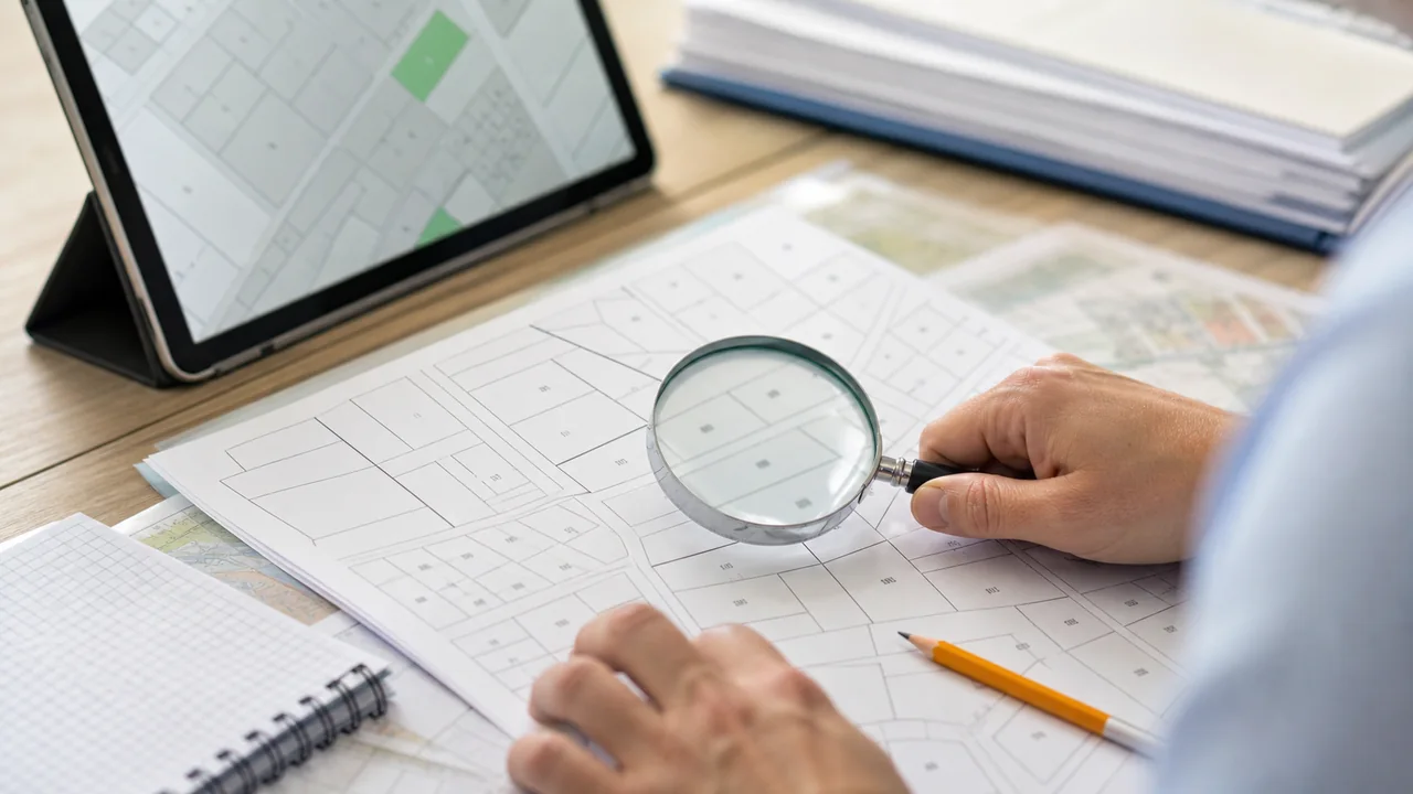 Biurko geodety z mapą ewidencyjną, lupą i tabletem do odczytu numeru działki