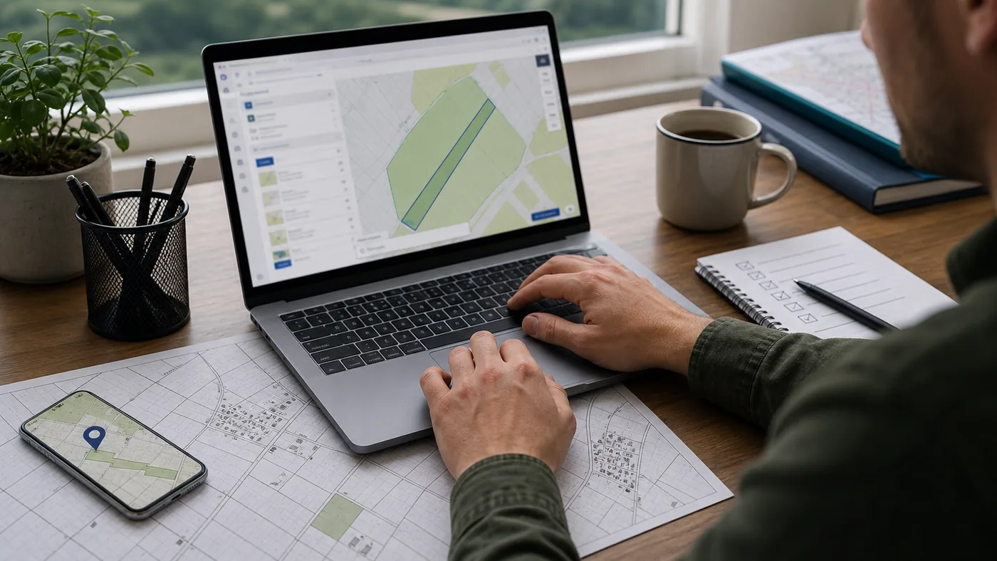 Laptop z mapą działki, telefon z pinezką lokalizacji i papierowa mapa ewidencyjna