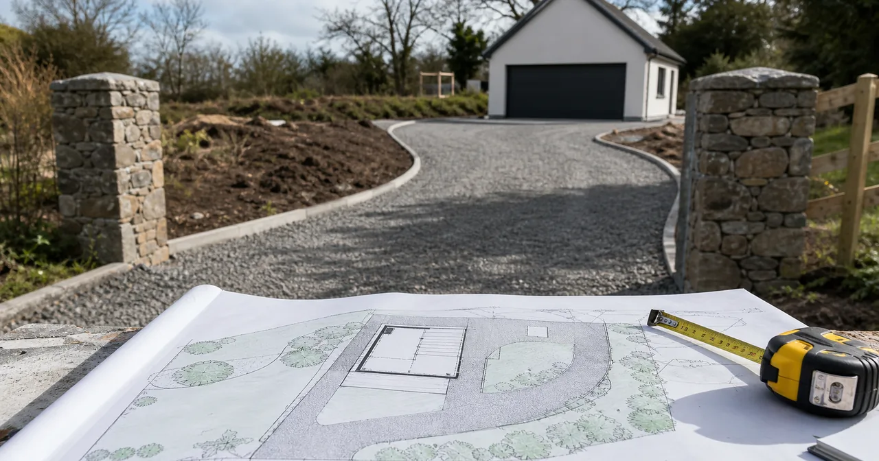 Plan działki z zaznaczonym podjazdem, garażem, bramą i wejściem do domu