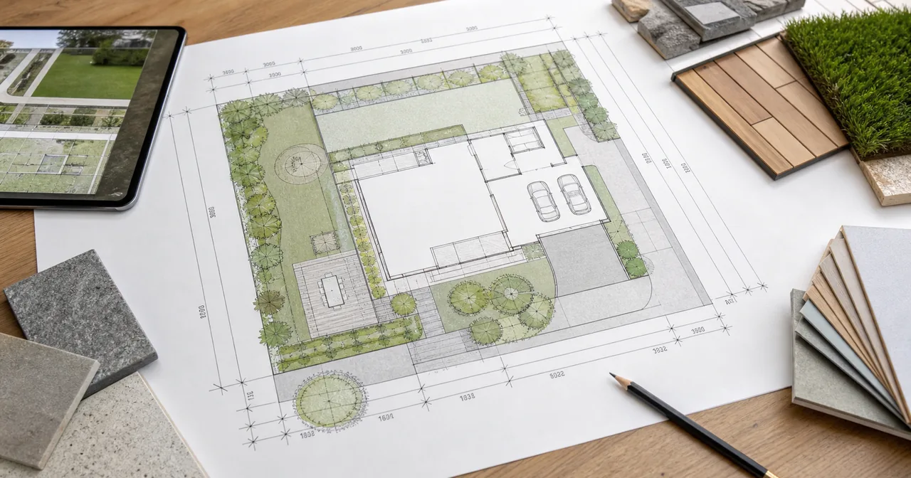 Plan zagospodarowania działki z domem, garażem, ogrodem, podjazdem i strefą techniczną