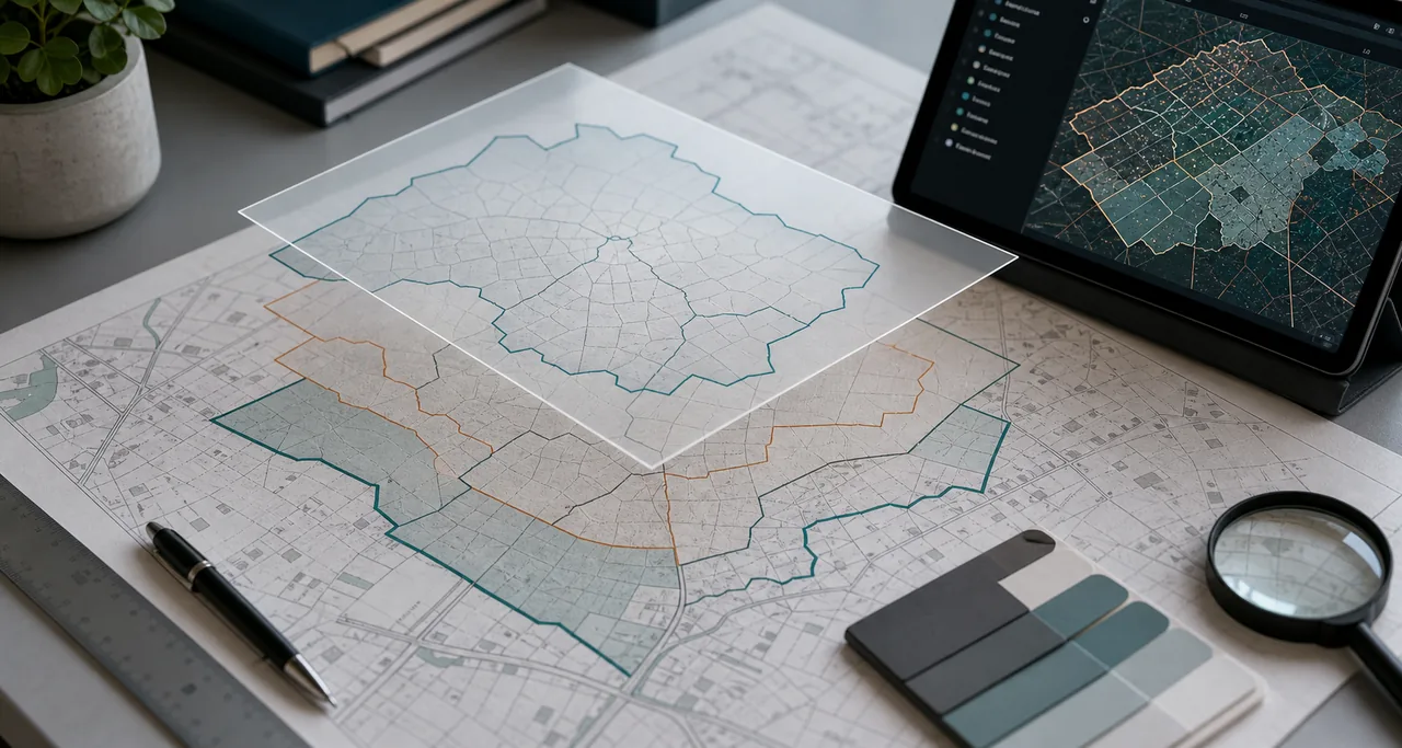 Mapa ewidencyjna z warstwami granic obrębów i działek analizowana na biurku geodezyjnym