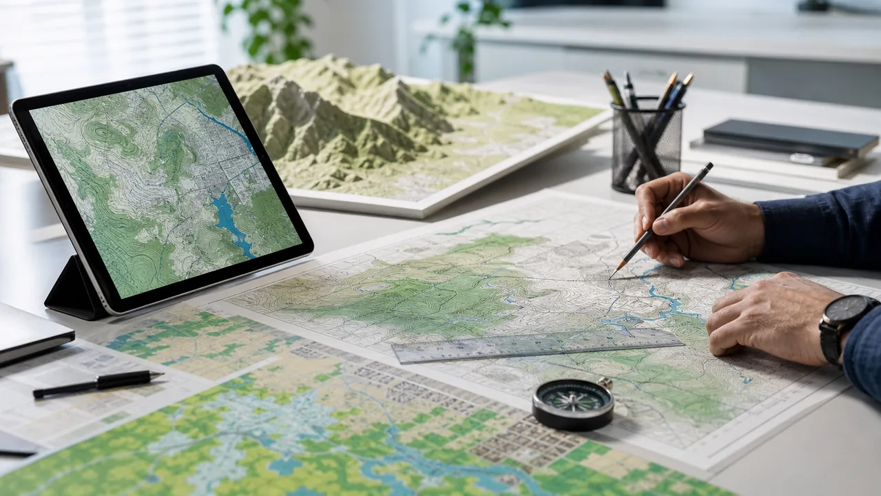 Mapy topograficzne, tablet z mapą cyfrową i model terenu na biurku kartograficznym