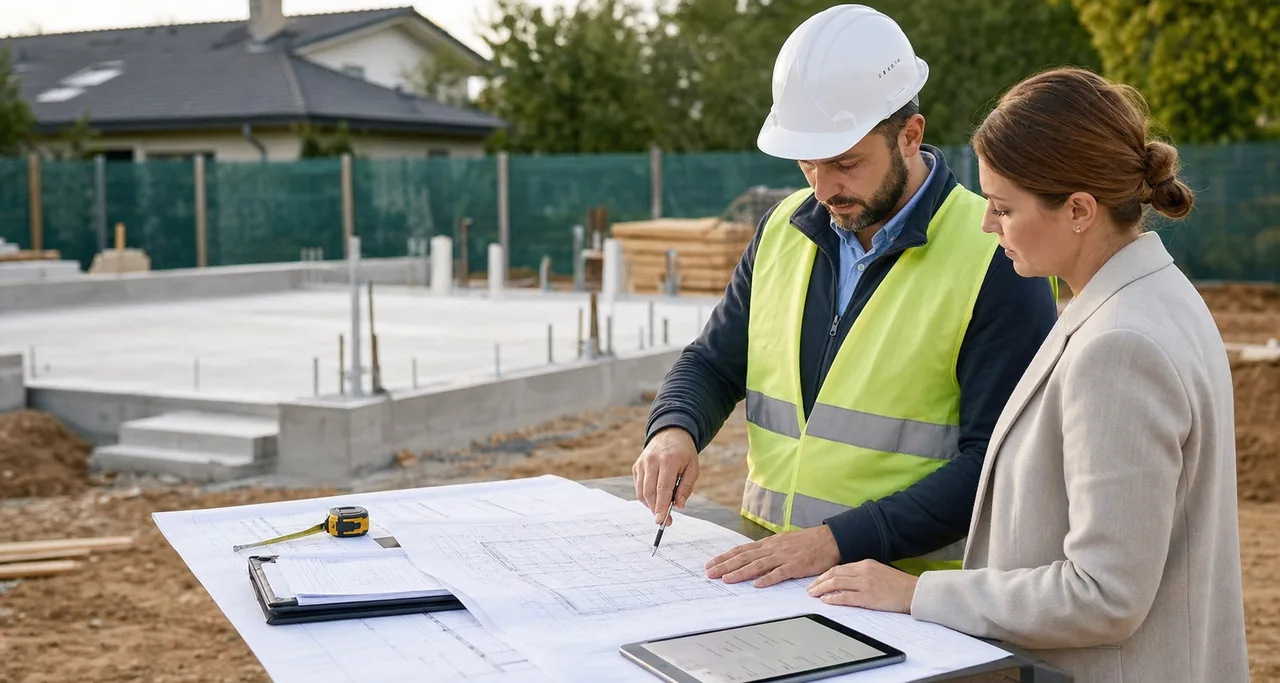 Kierownik budowy omawia z inwestorką plany techniczne przy fundamencie domu jednorodzinnego
