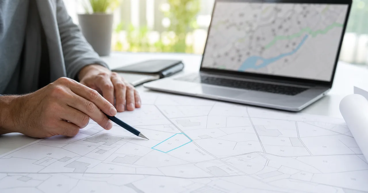 Mapa ewidencyjna z numerami działek i granicami analizowana na ekranie laptopa