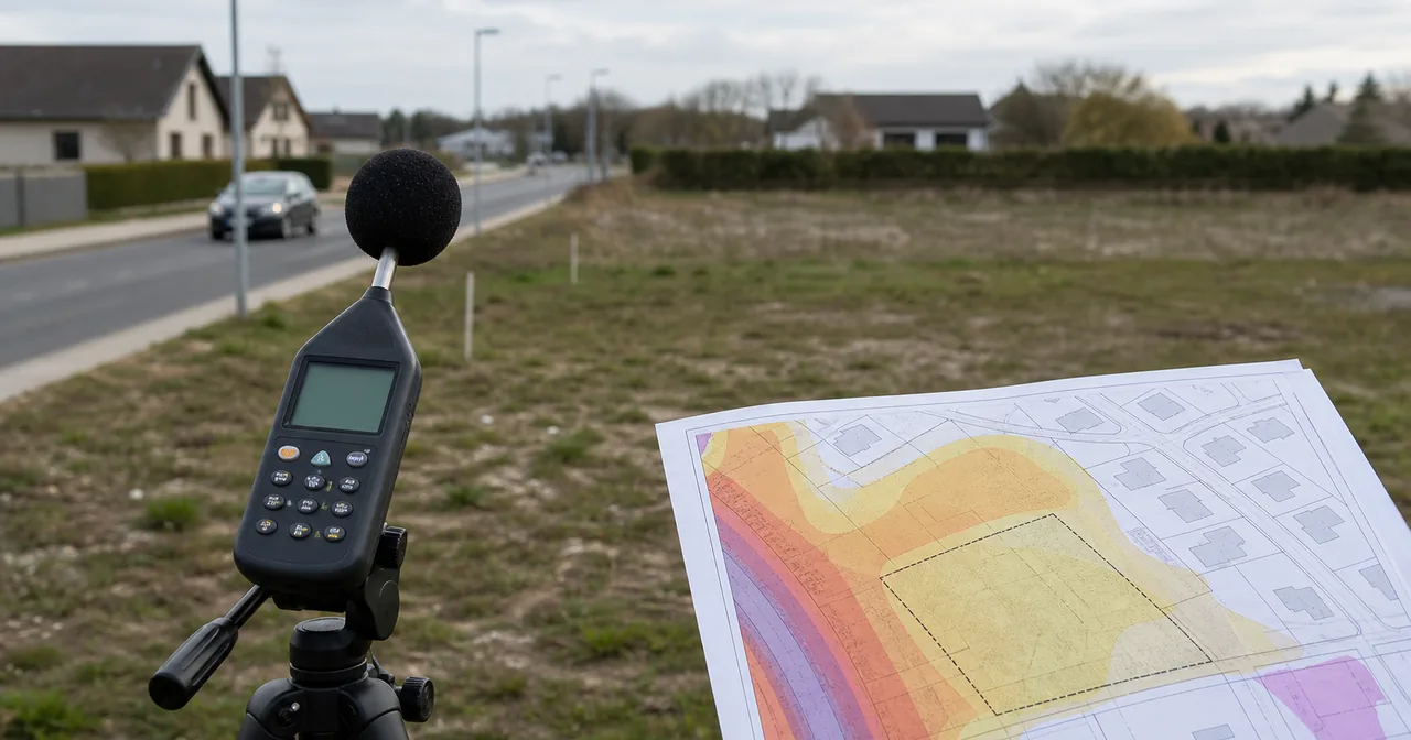 Mapa działki z wizualizacją stref hałasu w pobliżu drogi i zabudowy mieszkaniowej