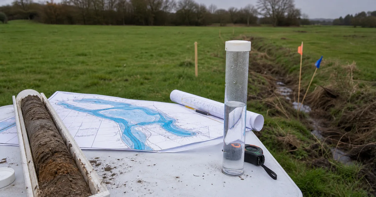 Mapa działki z warstwą wód podziemnych, przekrojem gruntu i notatkami geotechnicznymi