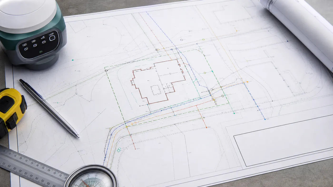 Mapa inwentaryzacyjna po budowie z dokumentami, kaskiem i narzędziami pomiarowymi