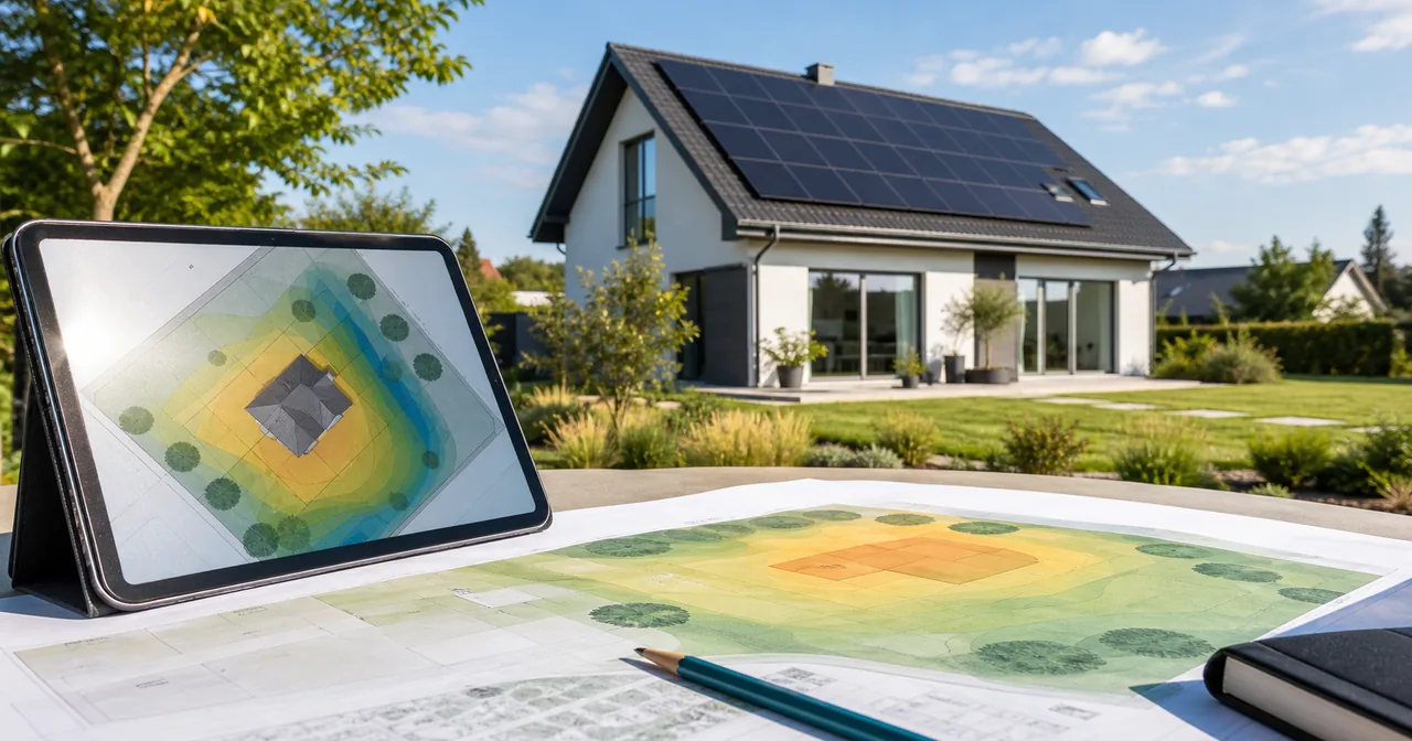 Mapa działki z analizą nasłonecznienia i panelami fotowoltaicznymi na dachu domu