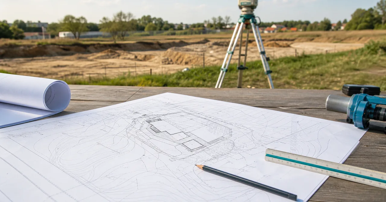 Mapa do celów projektowych na biurku geodety z zaznaczonym obrysem działki i budynku