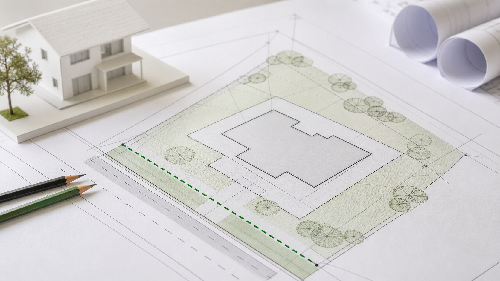 Rzut działki z oznaczoną nieprzekraczalną linią zabudowy i miejscem na budynek