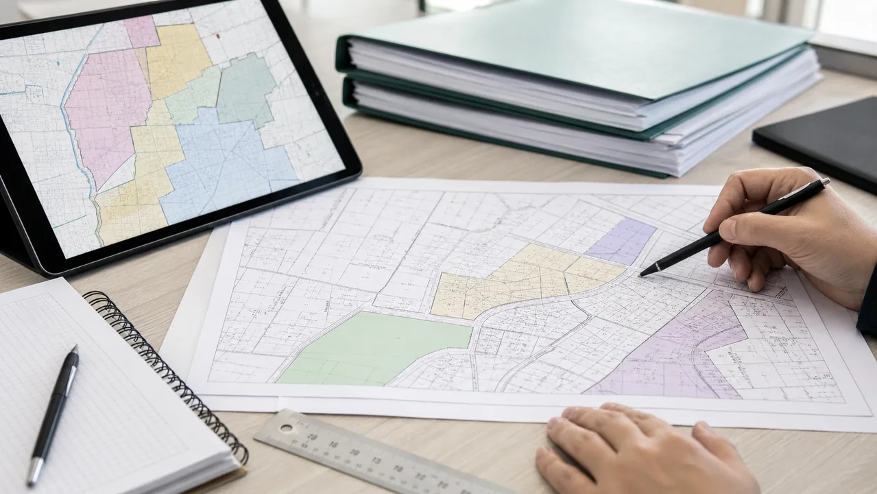 Mapa ewidencyjna z kolorowym podziałem na obręby i dokumentami działki