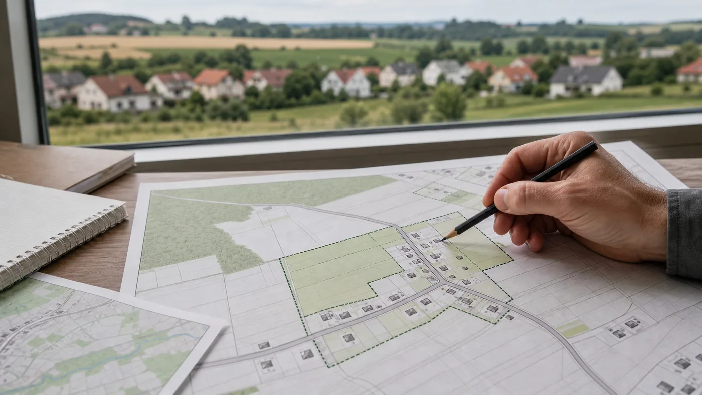 Mapa działek analizowana przy oknie z widokiem na zabudowę wiejską