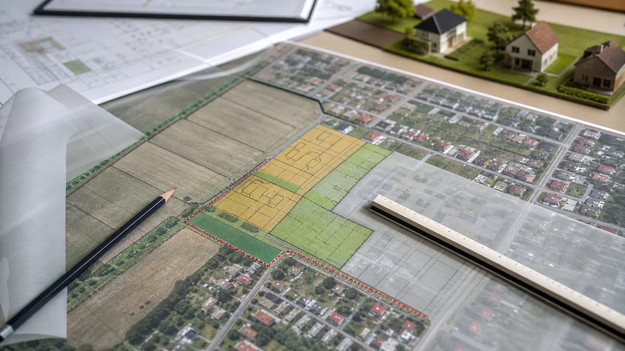 Mapa planistyczna z wyróżnionym obszarem uzupełnienia zabudowy i modelem domu