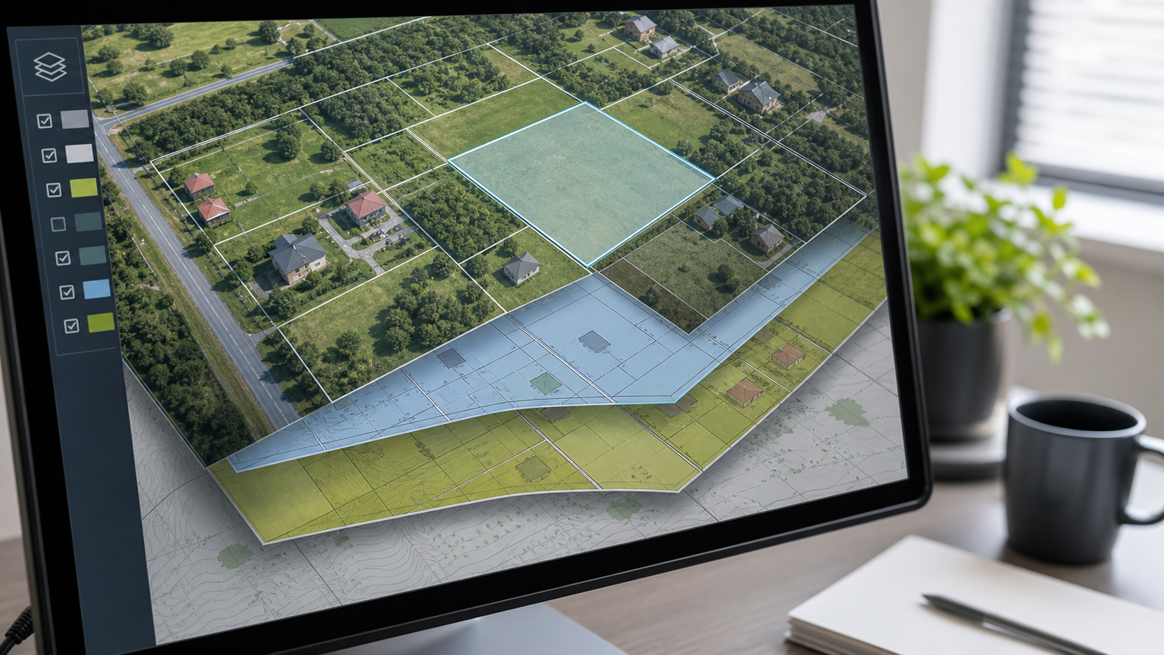 Mapa z warstwami ortofotomapy, granic działek i zabudowy