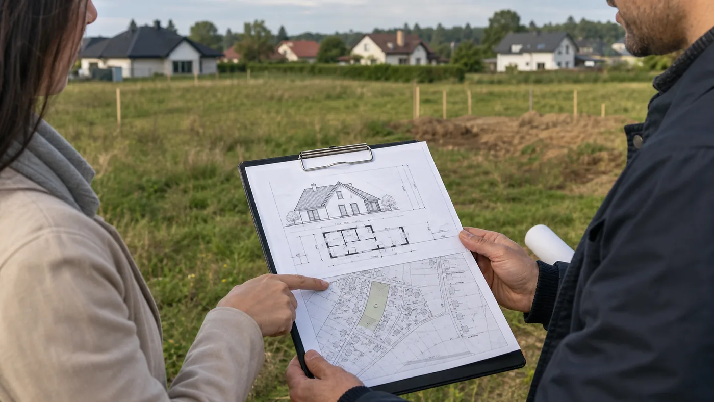 Architekt i inwestor analizują projekt domu oraz mapę na otwartej działce