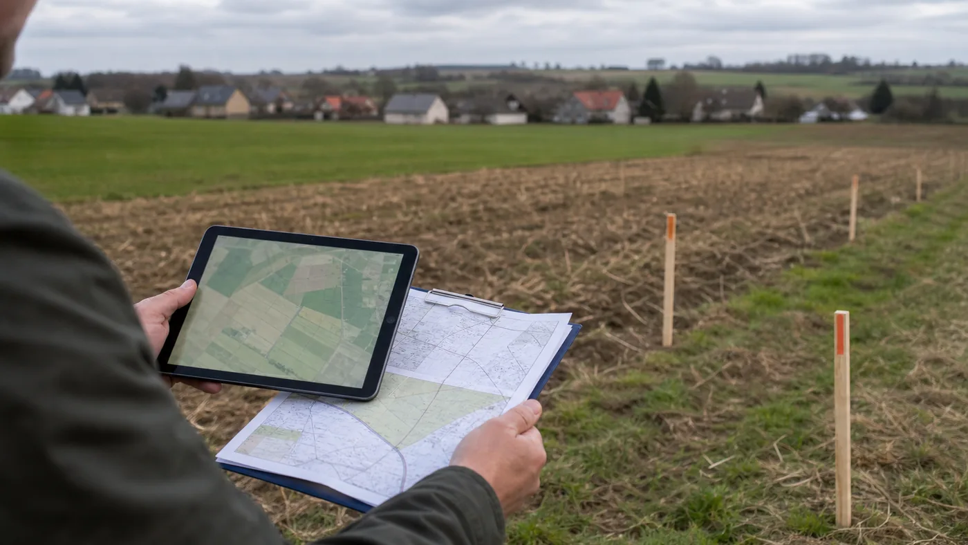 Działka rolna z palikami granicznymi oraz osoba sprawdzająca mapę na tablecie
