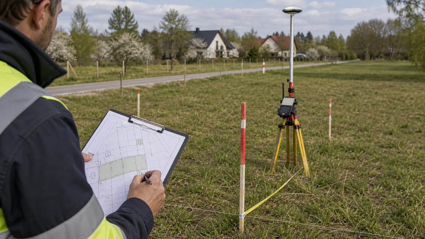 Geodeta z tyczką pomiarową sprawdza działkę i szkic jej podziału