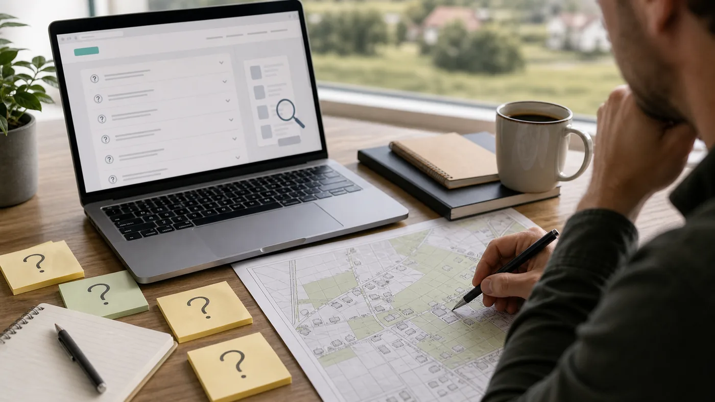 Laptop z listą pytań, mapa działek i notatki używane do wyjaśniania planu ogólnego