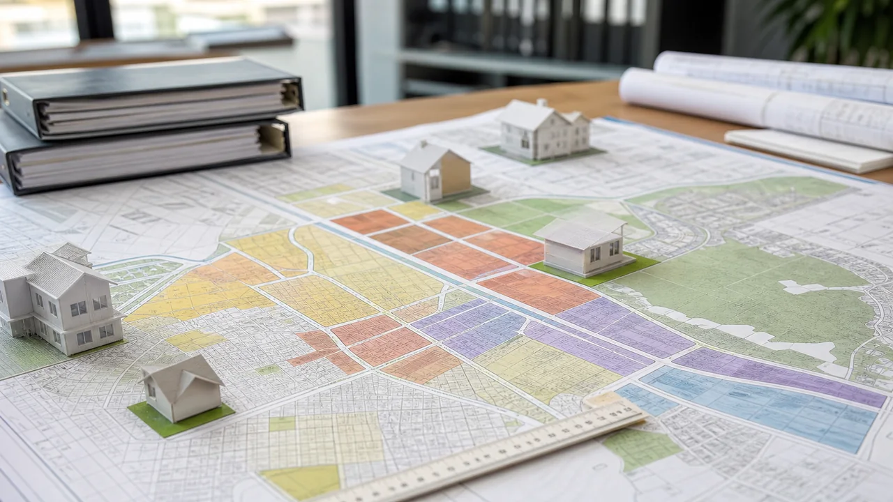 Mapa planu ogólnego gminy z kolorowymi strefami i modelami budynków