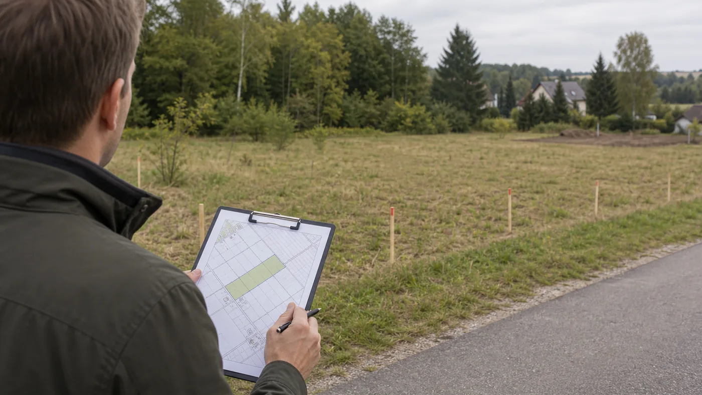 Właściciel ogląda pustą działkę i sprawdza mapę planistyczną na podkładce