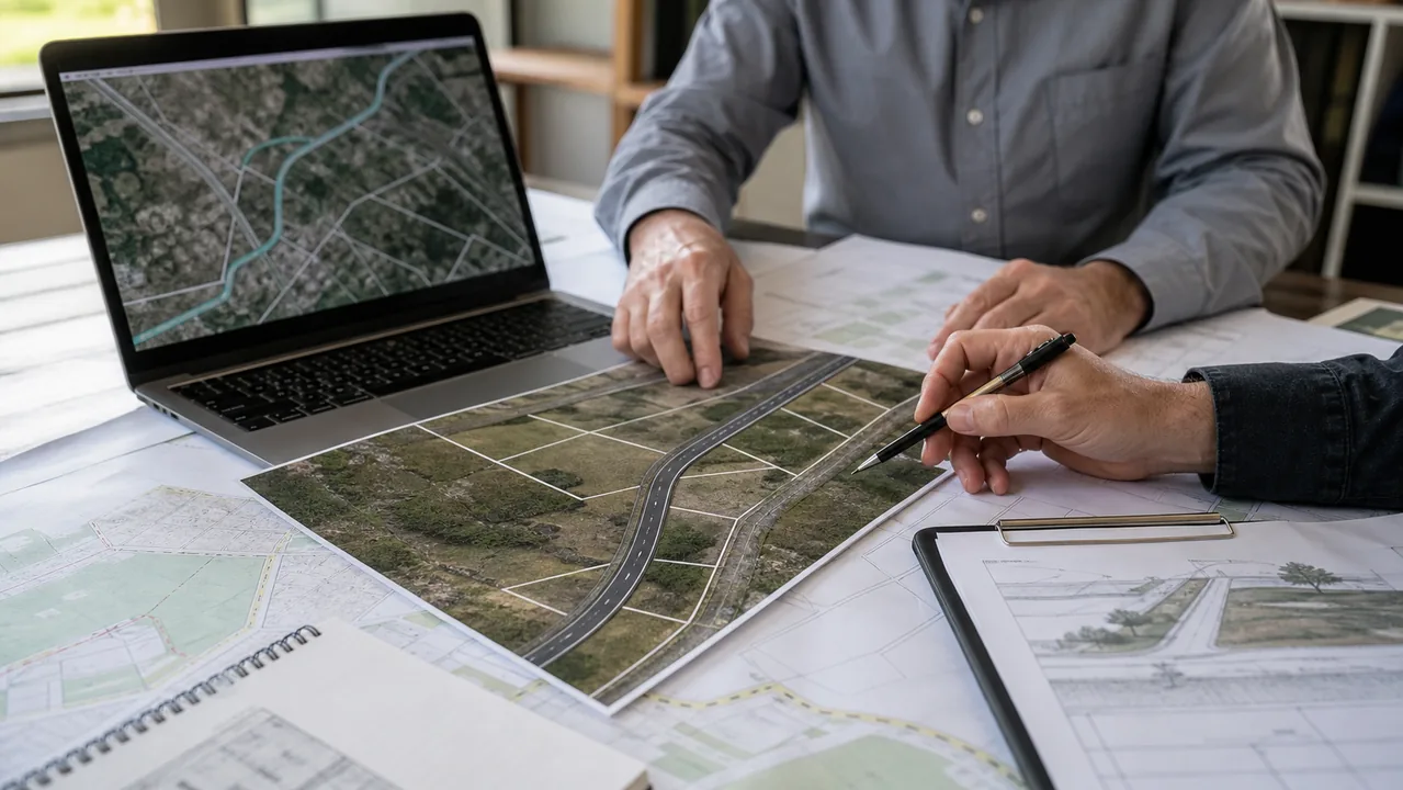 Mapa z zaznaczonym korytarzem planowanej drogi analizowana przy dokumentach działki