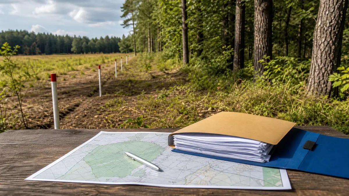 Granica lasu, mapa działki i dokumenty podatkowe na drewnianym stole