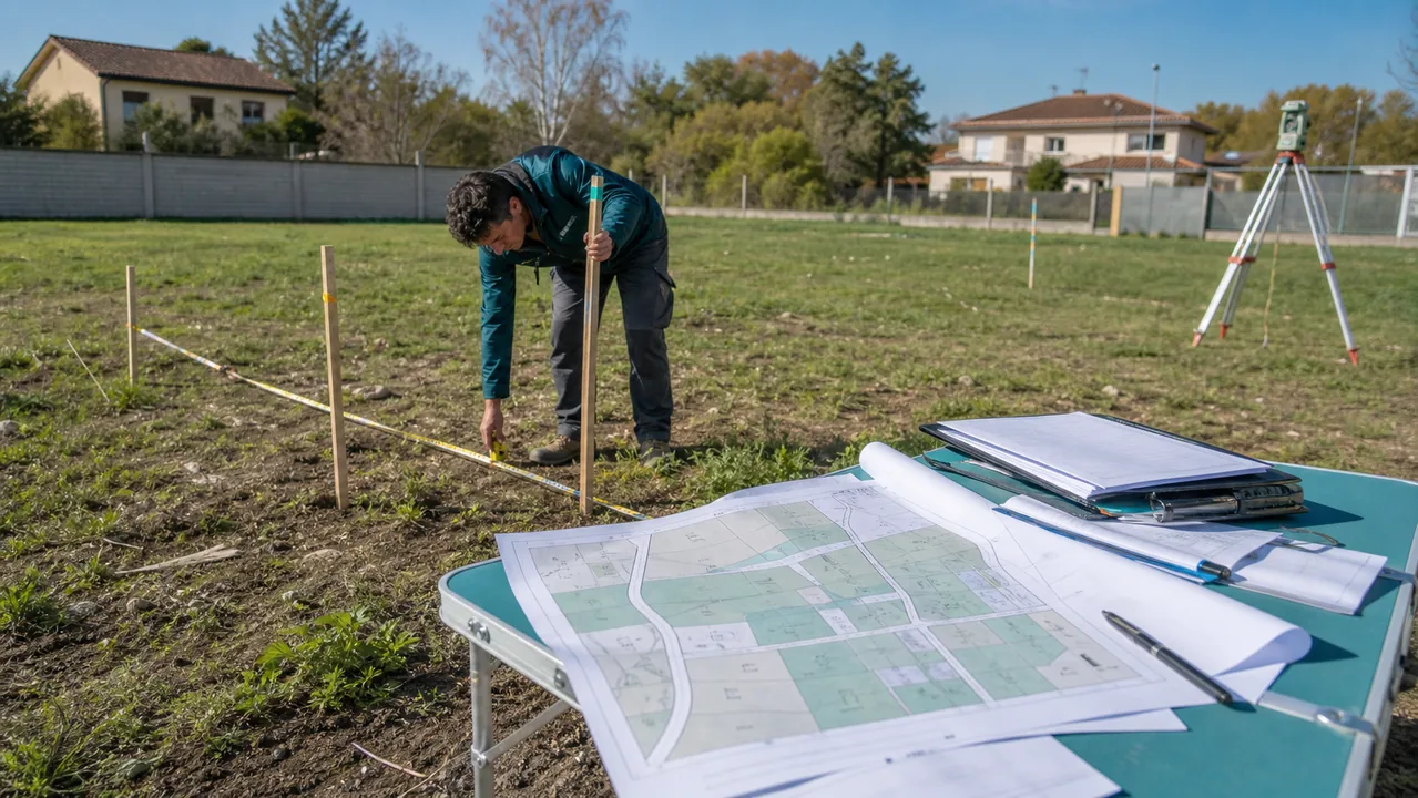 Geodeta wyznaczający paliki na działce budowlanej z mapą projektu podziału