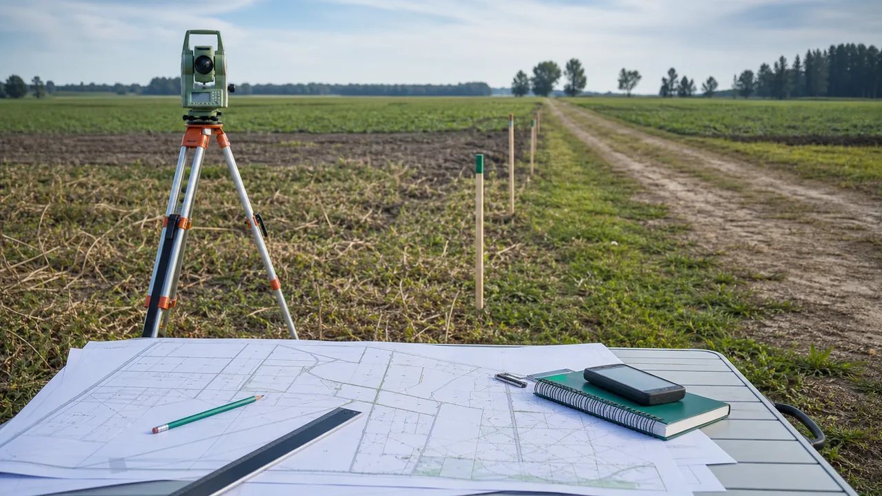 Pole rolne z palikami granicznymi, mapą podziałową i instrumentem geodezyjnym
