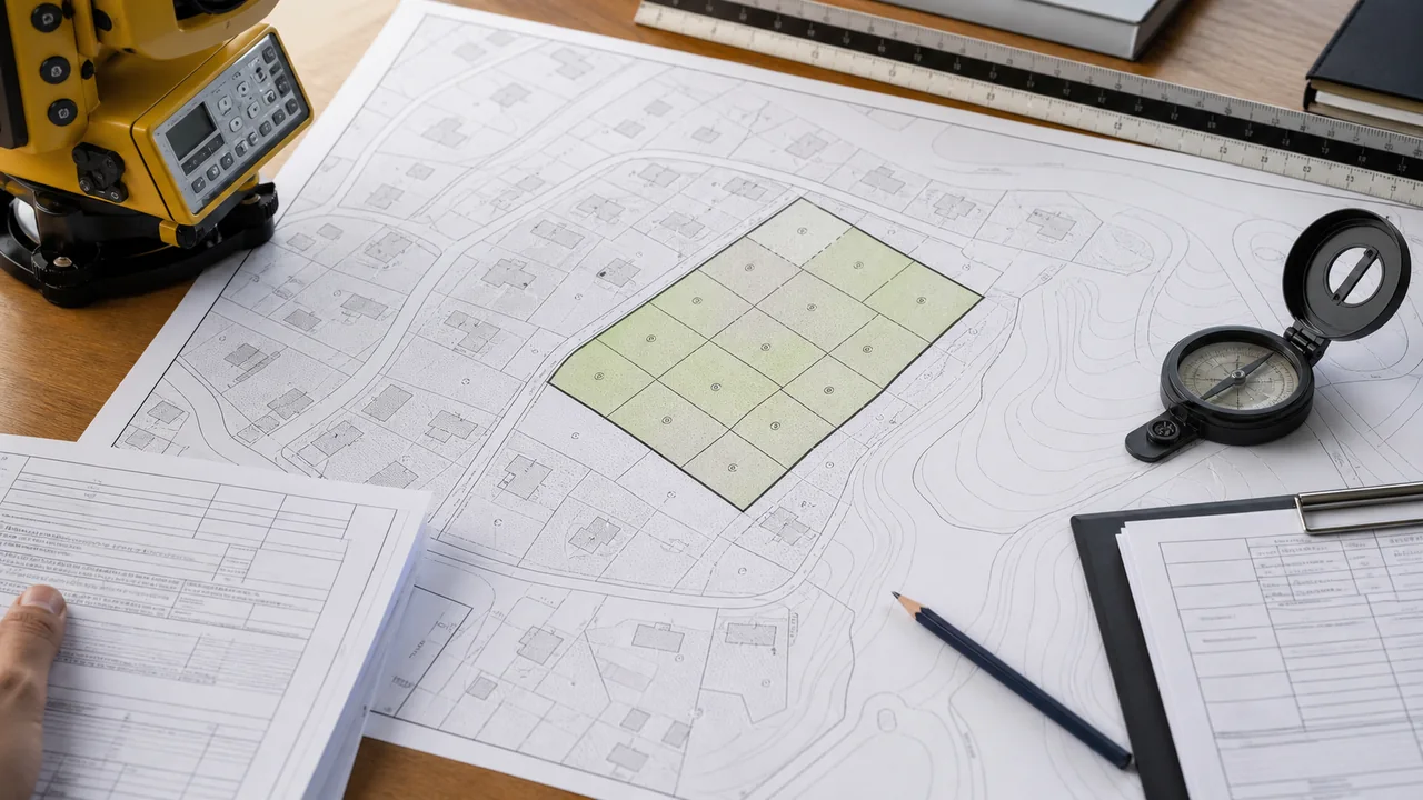 Mapa nieruchomości podzielonej na mniejsze działki z narzędziami geodezyjnymi